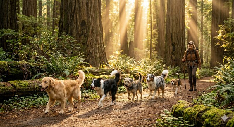 Pack of dogs trotting along a sun-dappled redwood forest path