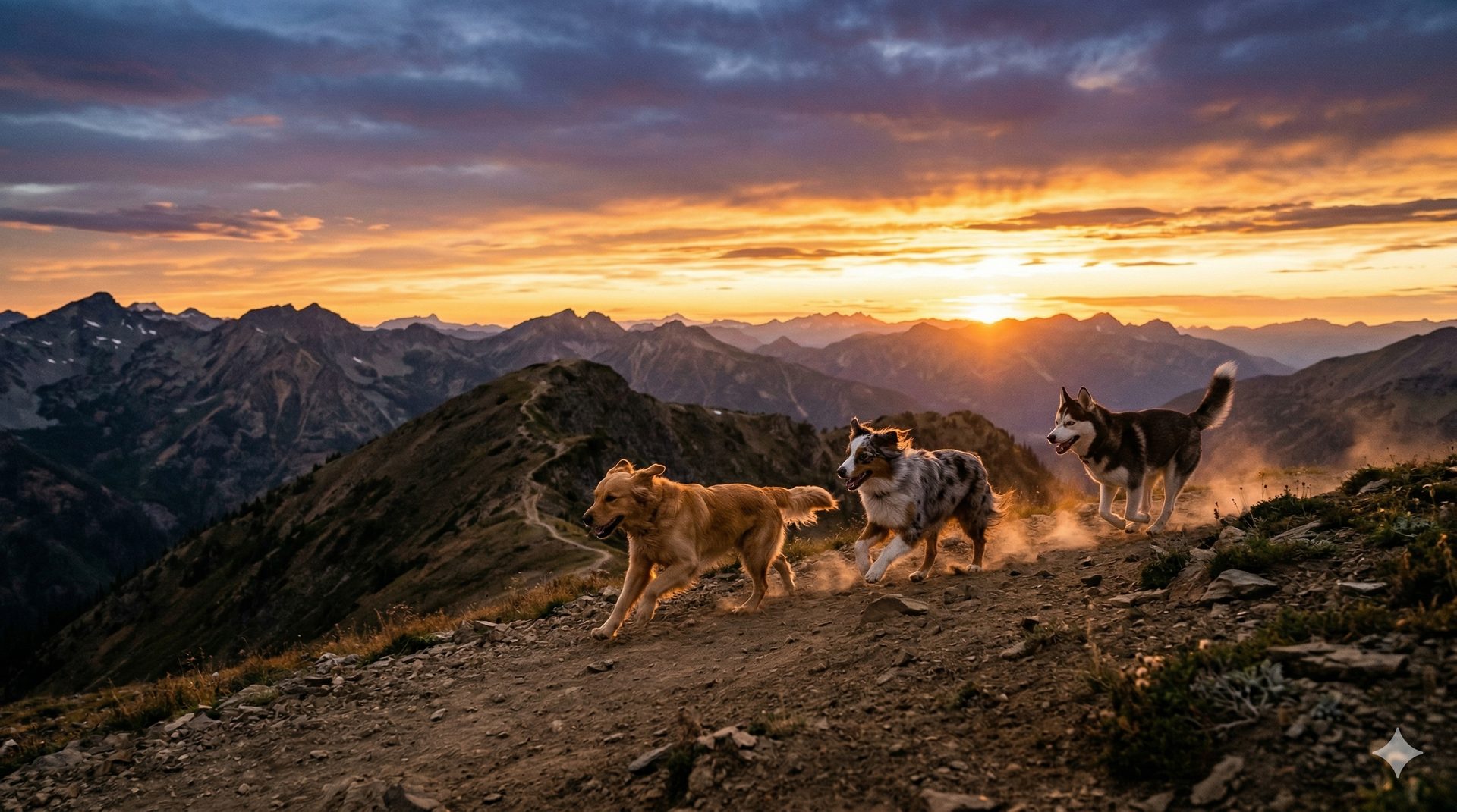 A pack of dogs running freely along a mountain ridge trail at golden hour