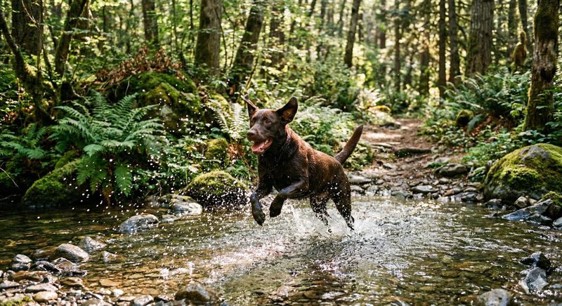 Chocolate Labrador splashing through a forest river crossing