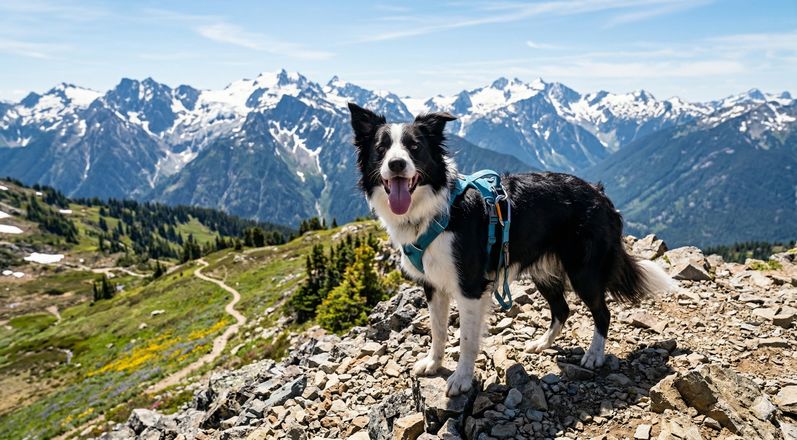 Border Collie on a mountain summit with snow-capped peaks behind
