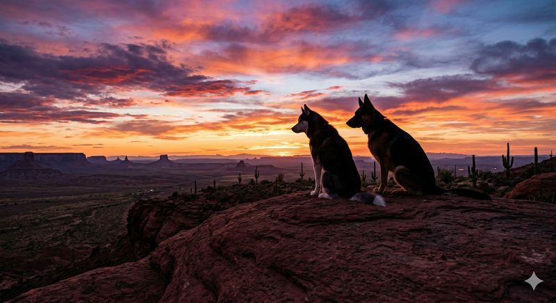 Two dogs silhouetted on red rock at desert sunset