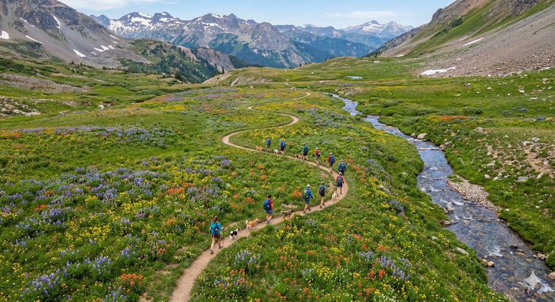 Aerial view of hikers with dogs on a winding wildflower trail